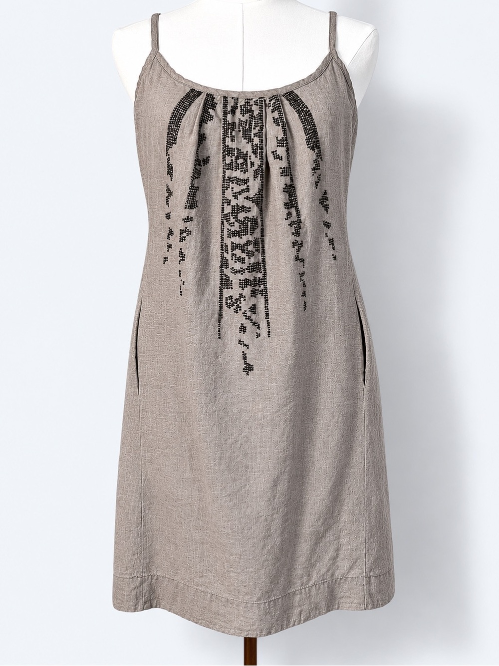 Eileen Fisher Linen Slip Dress Embroidered Taupe Size PS